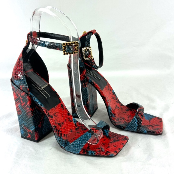 VERSACE Medusa Red Blue Embossed Snakeskin Leather Heel Sandals Wedge 38 8US - Picture 5 of 13